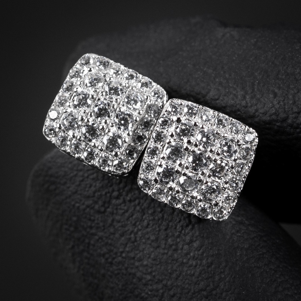 Sterling Silver Iced Square Men's Hip Hop Stud Screw Back Earrings
